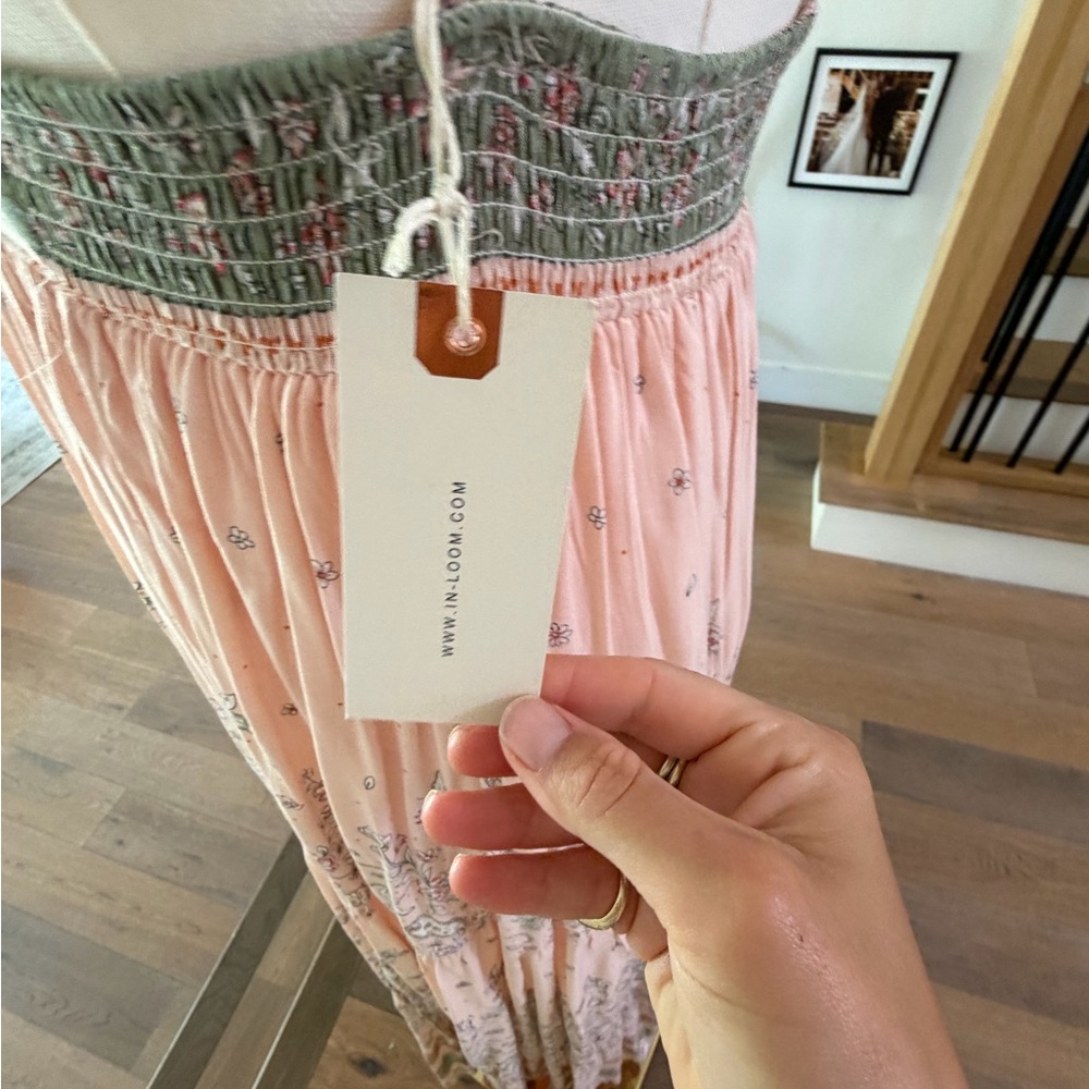 Ruffled Pink Floral Maxi Dress with Smocked Green Waistband - Picture 3 of 4